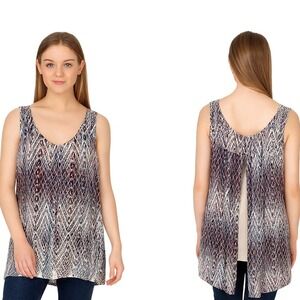 Karen Kane Tank Top XL Red White Blue Diamond Print Sleeveless Open Back‎ Blouse